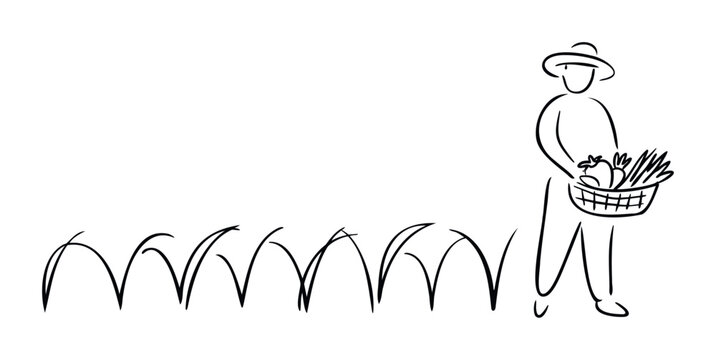 Person wearing a hat holding a bountiful basket of freshly harvested organic vegetables next to plant line drawings, ideal for promoting farming, gardening, and healthy eating initiatives.