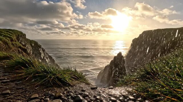 4K 8K resolution vista of rugged cliffs and ocean at sunset with dramatic sunbeams