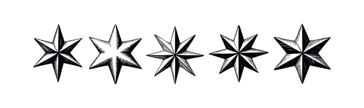 Monochrome collection of graphic star emblems in varied styles featuring seven point and eight point designs suitable for vintage inspired illustrations, decorative graphics, and branding