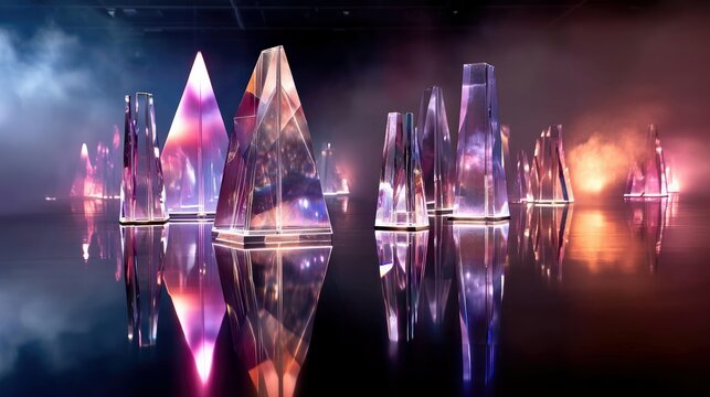 A collection of translucent crystal sculptures in various geometric shapes, illuminated with vibrant pink, purple, and orange lights, set against a backdrop of - Powered by Adobe