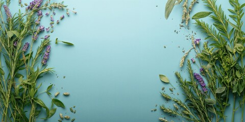 Aromatic herbs arranged on a teal background for culinary design templates, suitable for layout and text placement