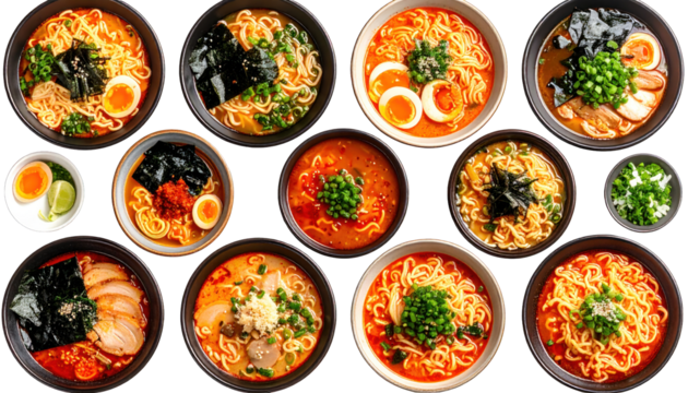 A diverse array of ramen bowls, showcasing various ingredients and presentations