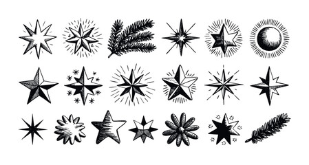 A collection of hand drawn stars and evergreen branches in a decorative sketchy style, perfect for holiday season graphics, winter themed decor, and celebratory event invitations.