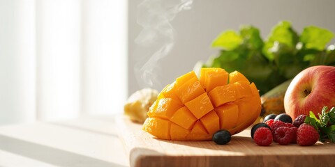Close up of peeling mango on cutting board amid healthy vegetables and fruits, emphasizing nutritious snack choices