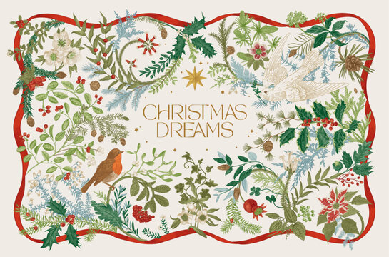 The Christmas dreams. Botanical vintage frame. Greeting card.  Colorful