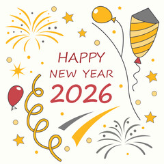 2026 Happy New Year greeting card template with luxury golden numbers. Realistic confetti and warm congratulations