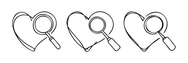 Line art heart symbol with a magnifying glass examining it, ideal for concepts of searching for love, emotional discovery, relationship analysis, or health checkup content.