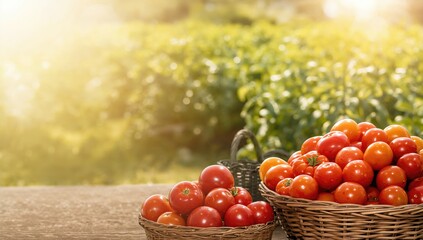 Basket filled with ripe red and golden tomatoes, emphasizing freshness of locally grown produce, harvest season