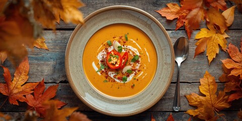 Hot spice pumpkin soup with garlic, chili pepper, ginger on wooden table, emphasizing flavor complexity