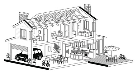 Explore home design with this cutaway house illustration of modern living