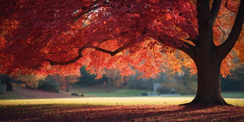 Red autumn leaves on trees, seasonal change highlighting fall foliage, Earth Day
