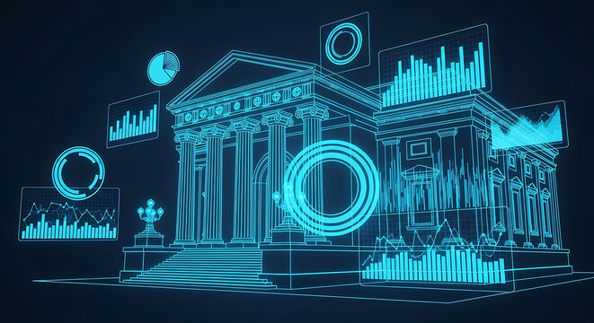 Wireframe architecture of a grand financial institution or government building with glowing digital data visualization overlays.