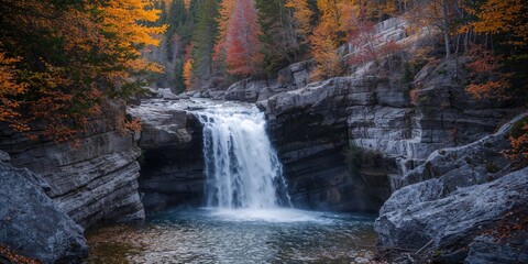 Waterfalls cascading through a forest during autumn, emphasizing seasonal erosion risk