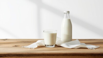Milk served in glass and bottle on wooden table, suitable for beverage presentation, World Milk Day