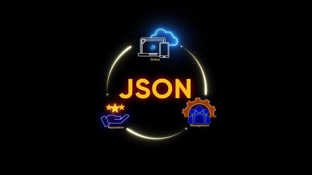JSON Data Format Concept with Online Cloud Management and Reputation Icons JSON JavaScript Object Notation