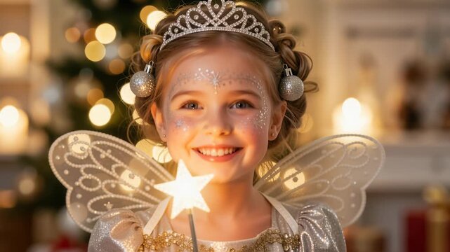 Cute little girl dressed as a fairy princess holding a magic wand with a glowing star. Happy child with glitter makeup celebrating Christmas at home. Magical holiday fantasy concept
