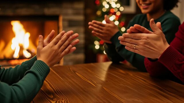 Singing carol family christmas holiday warm fireplace cozy gathering hands clapping around wooden table by decorated tree creating joyful festive moment together celebration smiling people indoor