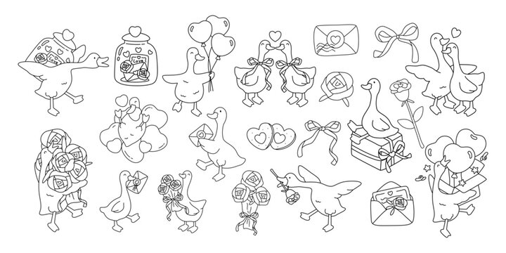 A playful black and white vector outline set featuring cute geese, hearts, flowers, and gifts, perfect for Valentine's Day coloring pages.