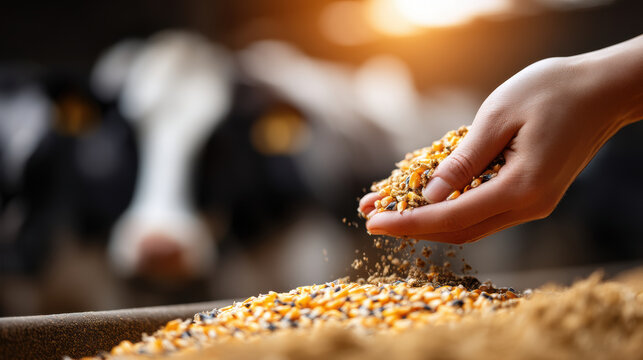 Hand holding animal feed grains with blurred cow in background under warm sunlight