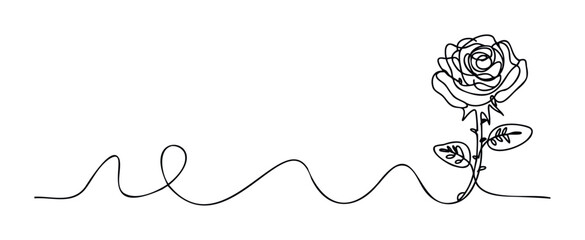 A delicate single line drawing of a blooming rose flower extending from a flowing minimalist curve, ideal for elegant greeting announcements, romantic event invitations, or sophisticated