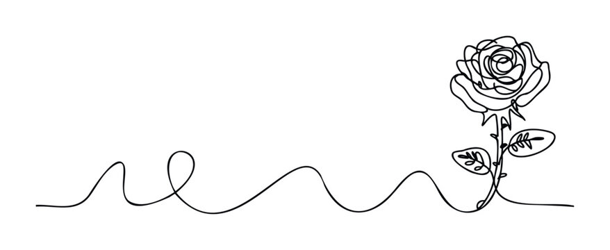 A delicate single line drawing of a blooming rose flower extending from a flowing minimalist curve, ideal for elegant greeting announcements, romantic event invitations, or sophisticated
