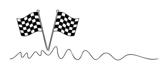 Simple black and white line drawing depicting two checkered racing flags marking a finish line, perfect for sports event promotions, automotive themes, or competition announcements.