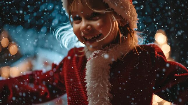 Una ni&ntilde;a con un gorro de Pap&aacute; Noel mira hacia arriba con una sonrisa radiante, envuelta en la atm&oacute;sfera m&aacute;gica de la Navidad.