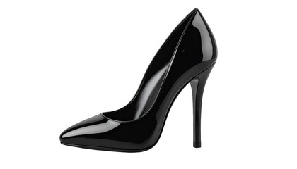 Sleek, glossy, black stiletto high heel against a solid black backdrop