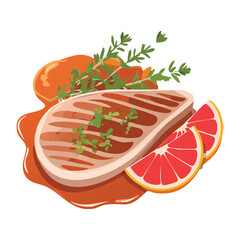 Pan-Seared Steak or Pork Chop garnished with Fresh Rosemary and Juicy Red Grapefruit Slices for a Zesty and Savory Gourmet Meal - Vector Illustration