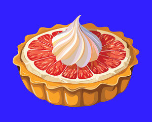 Individual tartlet or pie filled with a vibrant pink grapefruit custard, topped with a swirl of light white meringue cream - Vector Illustration