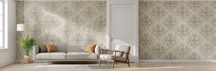 Interior wall mockup of a living room used for layout planning, focusing on wall textures and background design, World Interior Design Day