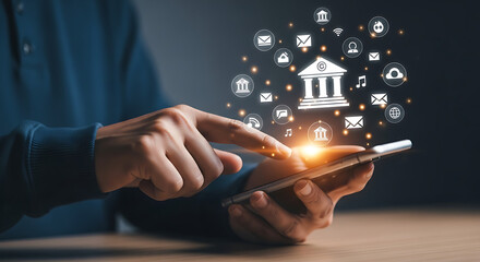 Person's hand uses smartphone for online banking, digital finance, and interconnected services, with glowing virtual icons floating.