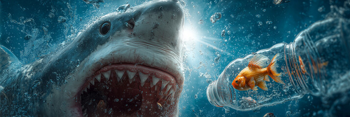 Extreme close-up. A dramatic hyper realistic underwater image showing a shark ready to eat a goldfish trapped in a plastic bottle, symbolizing plastic pollution and oceanic tragedy. Generative Ai.