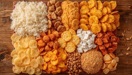 Assorted Nigerian snacks including kuli kuli, kokoro, chin chin, plantain chips, gurundi, and coconut candy, fiber-dense choice
