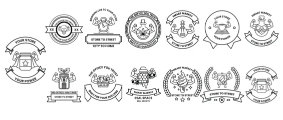 Fototapeten Pony A collection of logos and symbols, including a house, a tree, and a book  © toonsteb