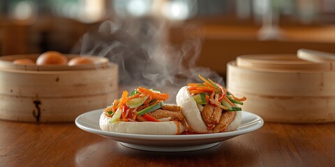Bao buns filled with chicken and vegetables, emphasizing balanced protein and fiber intake, Japanese cuisine style