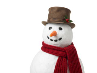 Festive snowman PNG isolated on transparent background, winter holiday character with hat and scarf for Christmas designs