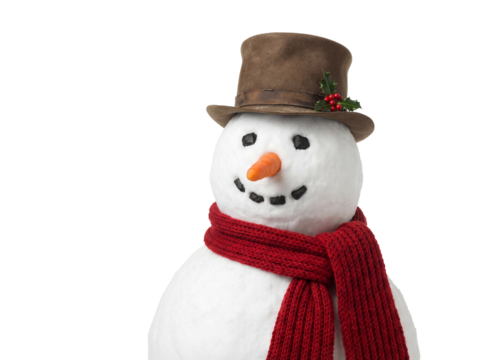 Festive snowman PNG isolated on transparent background, winter holiday character with hat and scarf for Christmas designs - Powered by Adobe