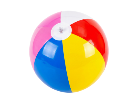 Colorful beach ball PNG isolated on transparent background, inflatable summer toy with red, yellow, blue, pink and white segments