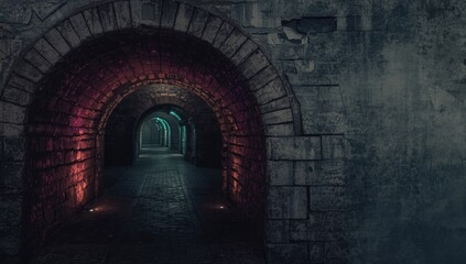 Fototapeta premium Arc tunnel illuminated with multicolored lights, emphasizing aesthetic lighting design, Earth Day