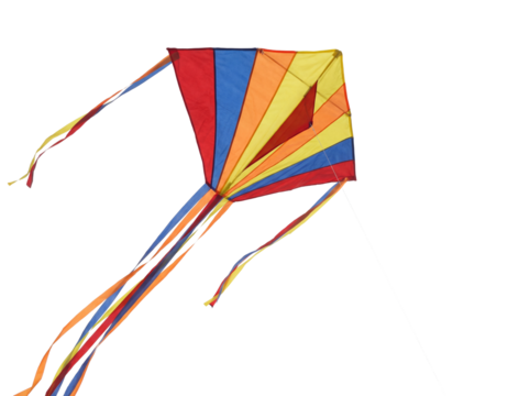 Colorful diamond kite PNG isolated on transparent background, red blue yellow orange kite with streamers for summer fun and outdoor activities