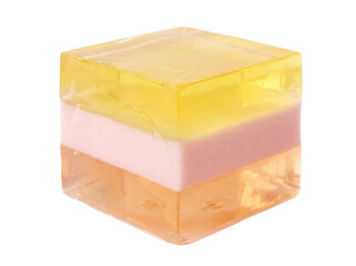 Layered cube of soap isolated on transparent background PNG, colorful glycerin soap bar for skincare and beauty products