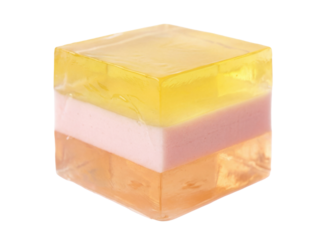 Layered cube of soap isolated on transparent background PNG, colorful glycerin soap bar for skincare and beauty products