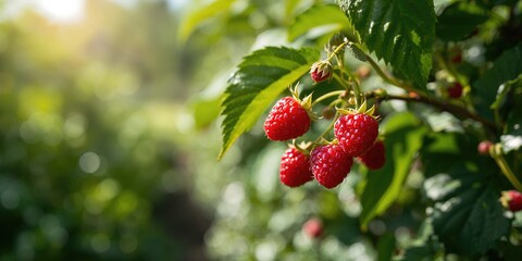 Obraz premium Raspberries on a bush in a fruit garden, emphasizing natural growth and harvesting practices