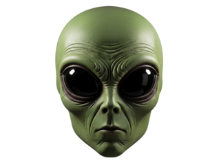 Green alien head isolated PNG on transparent background, extraterrestrial being with large black eyes for science fiction and Halloween themes