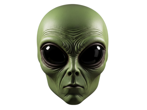 Green alien head isolated PNG on transparent background, extraterrestrial being with large black eyes for science fiction and Halloween themes - Powered by Adobe