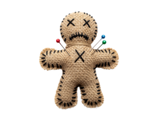 Creepy voodoo doll with pins PNG isolated on transparent background, burlap sackcloth doll with stitched features for Halloween and occult themes