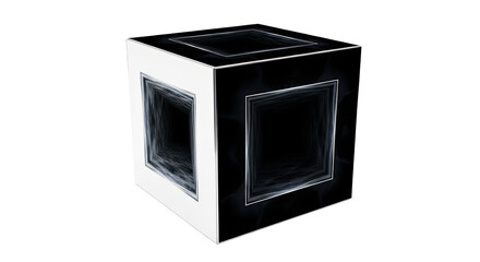 A striking black and white cube with contrasting sides and dark framed inner squares, isolated on a clean white background.