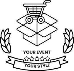 A black and white image of a shopping cart with a box on top of it