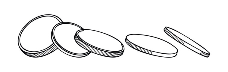 Hand drawn sketch of falling or rolling coins representing finance currency wealth and investment for business presentations or economic education materials